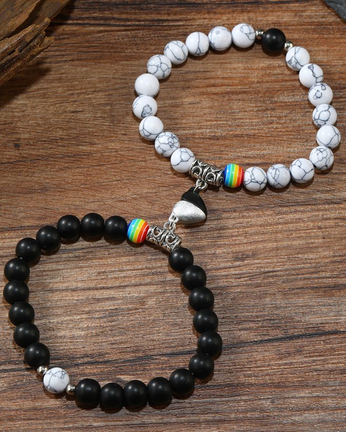 Rainbow Beaded Heart Magnet Couples Bracelets - Image 2