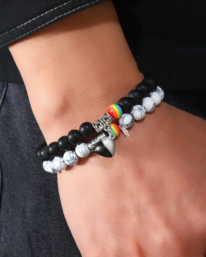 Rainbow Beaded Heart Magnet Couples Bracelets - Image 4