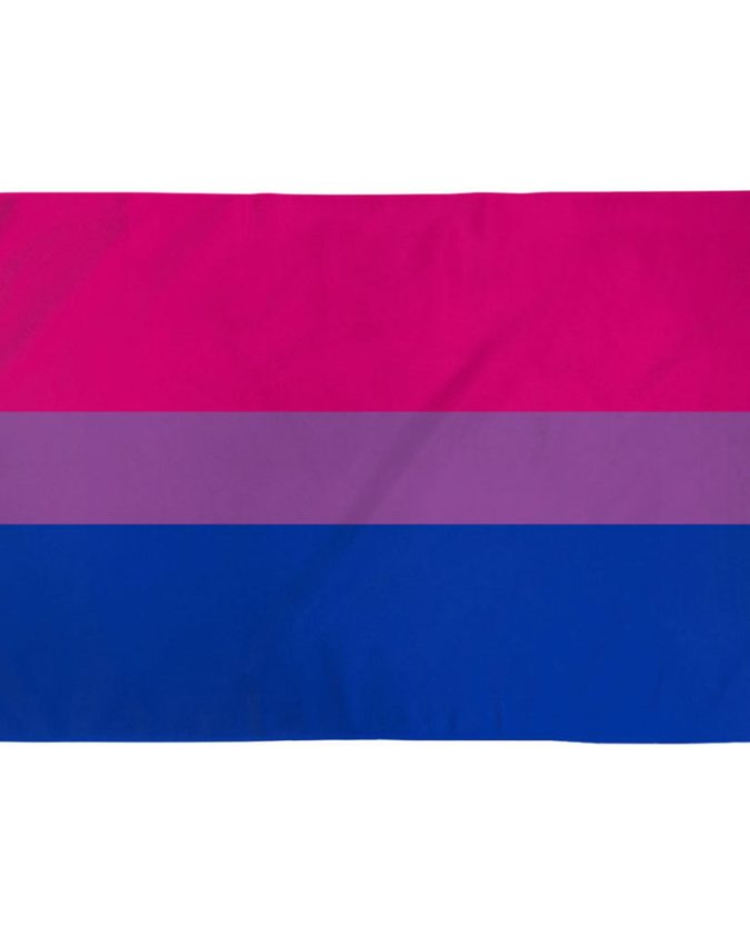 Bisexual Pride Flag with pink, purple, blue stripes designed by Michael Page (1998) - pink (same-gender), blue (different-gender), purple (blended attraction)