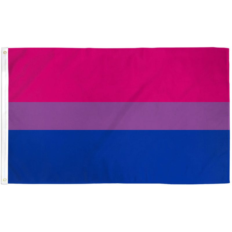 Bisexual Pride Flag with pink, purple, blue stripes designed by Michael Page (1998) - pink (same-gender), blue (different-gender), purple (blended attraction)