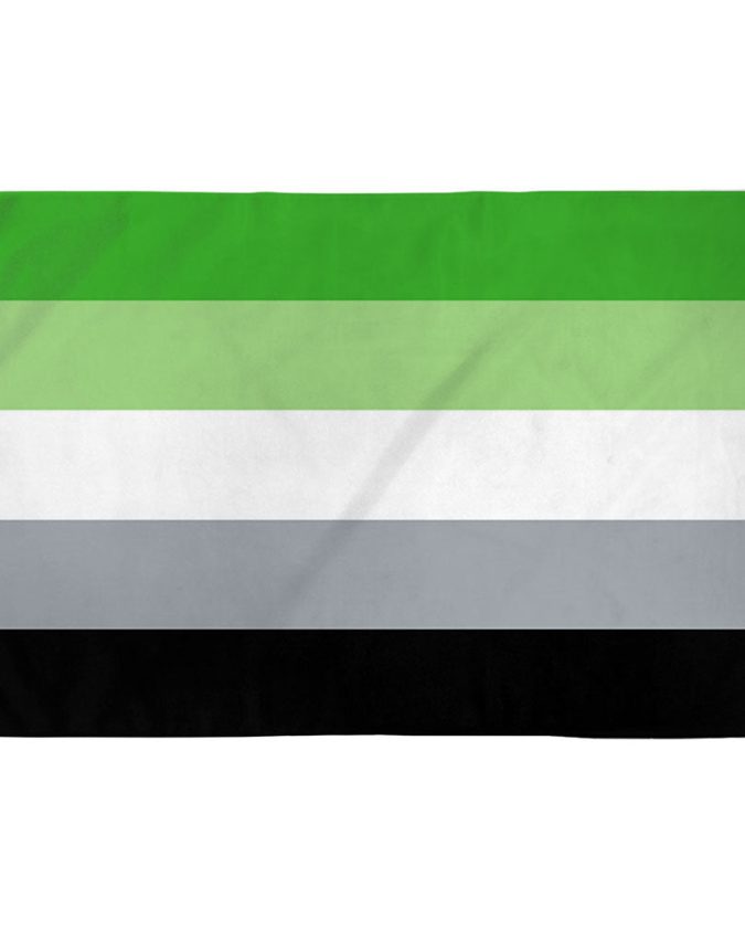 Aromantic Pride Flag with green, white, gray, and black stripes representing non-romantic identities