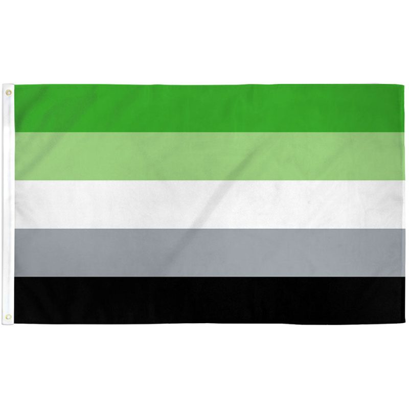 Aromantic Pride Flag with green, white, gray, and black stripes representing non-romantic identities