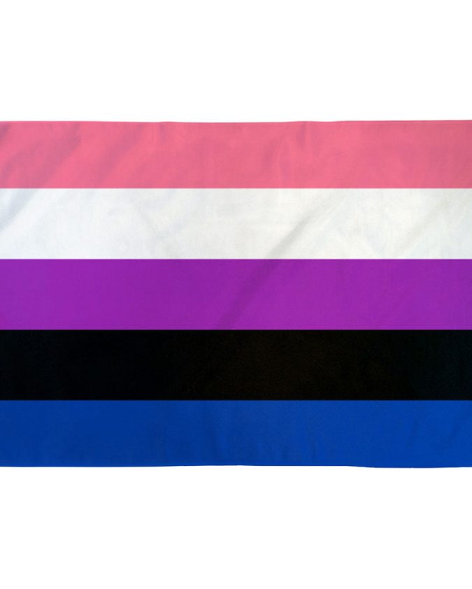 Genderfluid Pride Flag with pink, purple, blue, white, and green stripes representing dynamic identity shifts