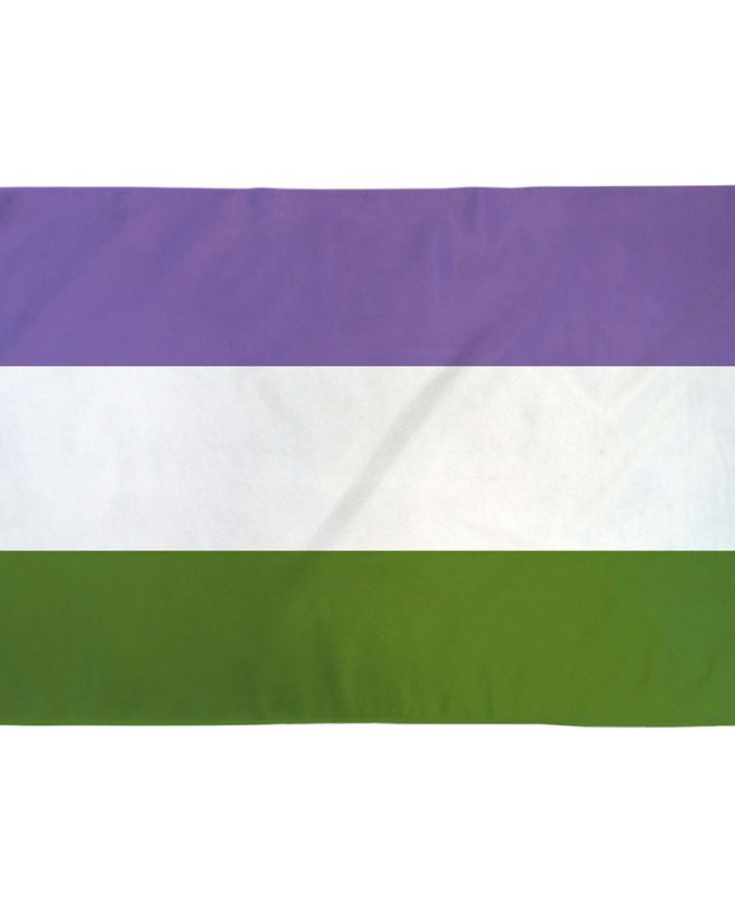 Genderqueer Pride Flag designed by Marilyn Roxie: Lavender (androgyne), White (neutrality), Chartreuse (non-binary identities)