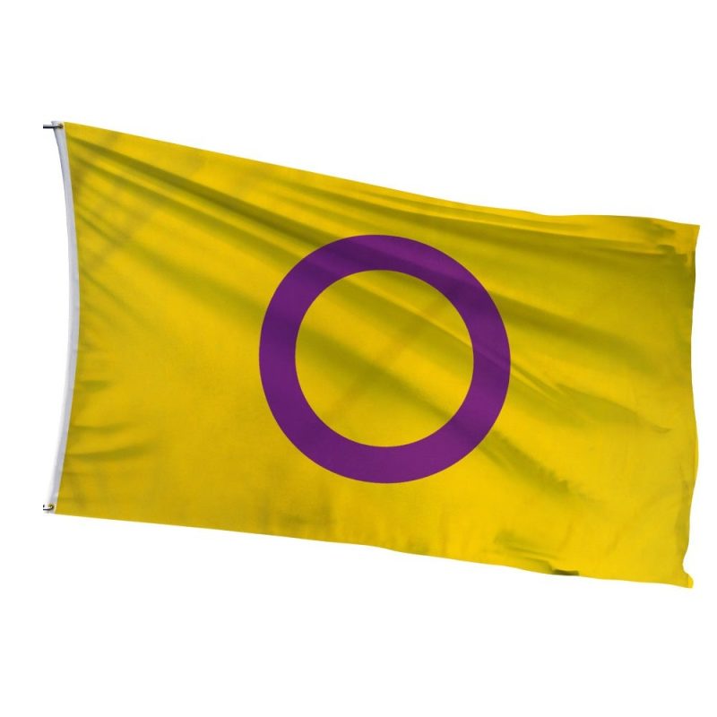 Intersex solidarity flag with purple circle on yellow - a protest against unnecessary medical interventions