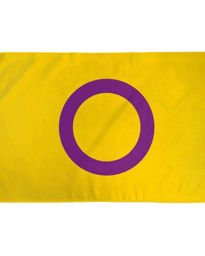 Intersex Pride Flag with yellow background, purple circle symbolizing wholeness and autonomy, designed by Morgan Carpenter