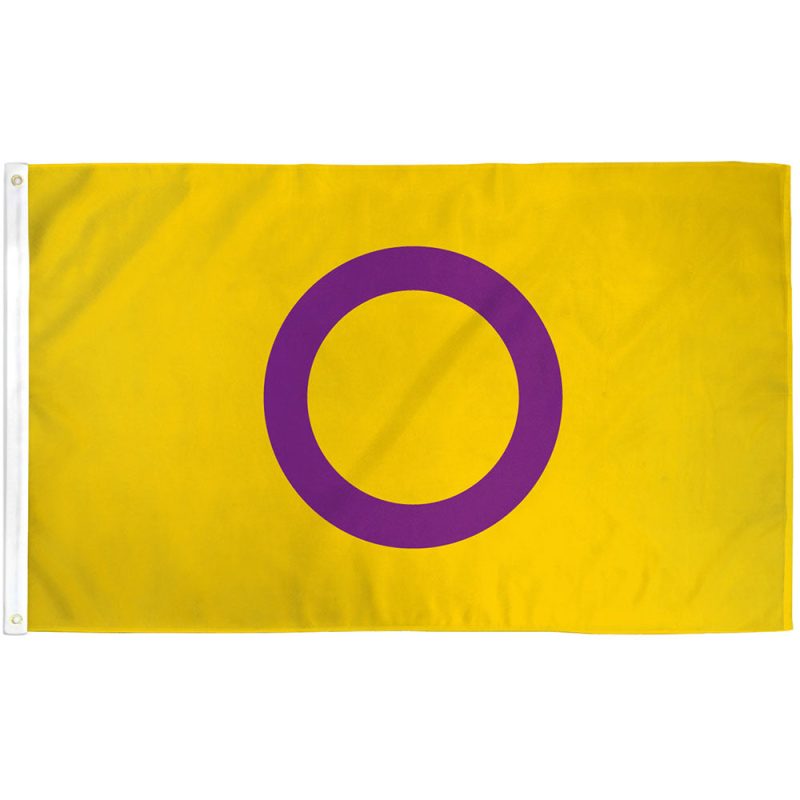 Intersex Pride Flag with yellow background, purple circle symbolizing wholeness and autonomy, designed by Morgan Carpenter