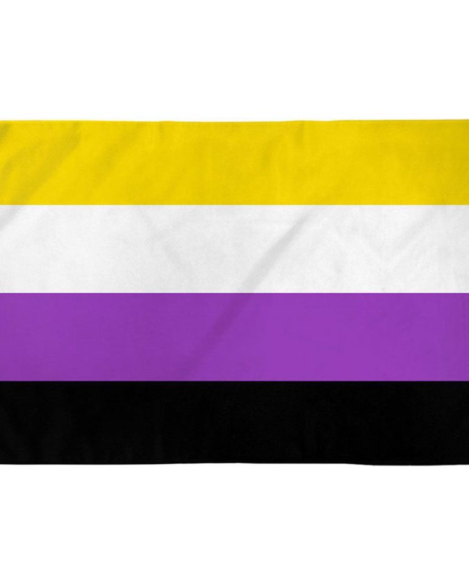 Non-Binary Pride Flag designed by Kye Rowan: Yellow (non-gendered), White (all genders), Purple (mix of male/female), Black (agender)