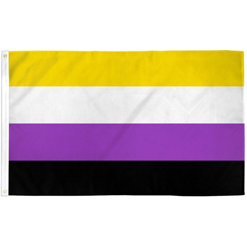 Non-Binary Pride Flag designed by Kye Rowan: Yellow (non-gendered), White (all genders), Purple (mix of male/female), Black (agender)