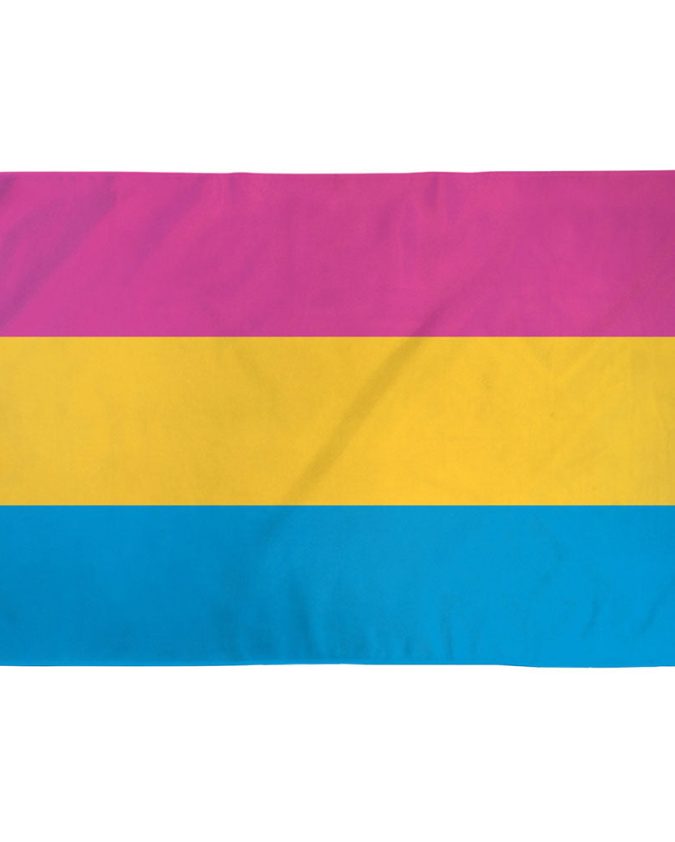 Pansexual Pride Flag with pink, yellow, and blue stripes representing attraction regardless of gender, designed by Jasper V.