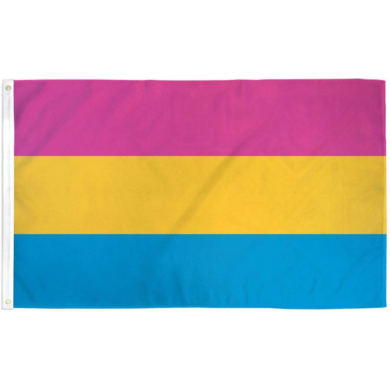 Pansexual Pride Flag with pink, yellow, and blue stripes representing attraction regardless of gender, designed by Jasper V.