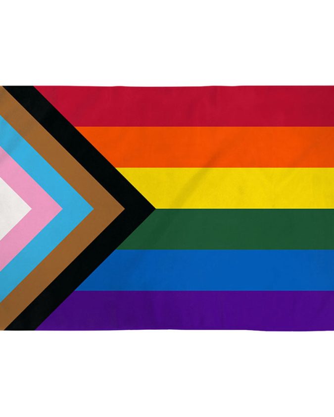 Progress Pride Flag with rainbow, trans stripes, black/brown chevrons designed by Daniel Quasar (2018)