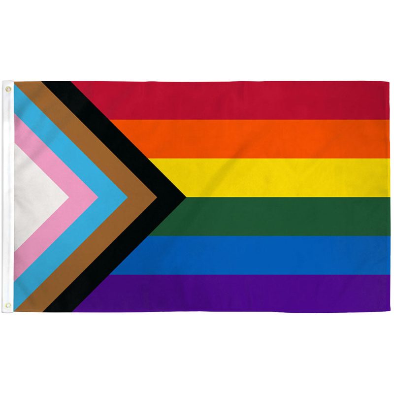 Progress Pride Flag with rainbow, trans stripes, black/brown chevrons designed by Daniel Quasar (2018)