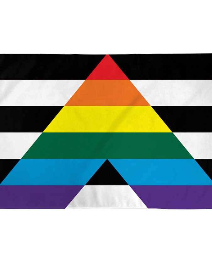 Straight Ally Pride Flag with black/white stripes and rainbow ‘A’, symbolizing LGBTQ+ solidarity